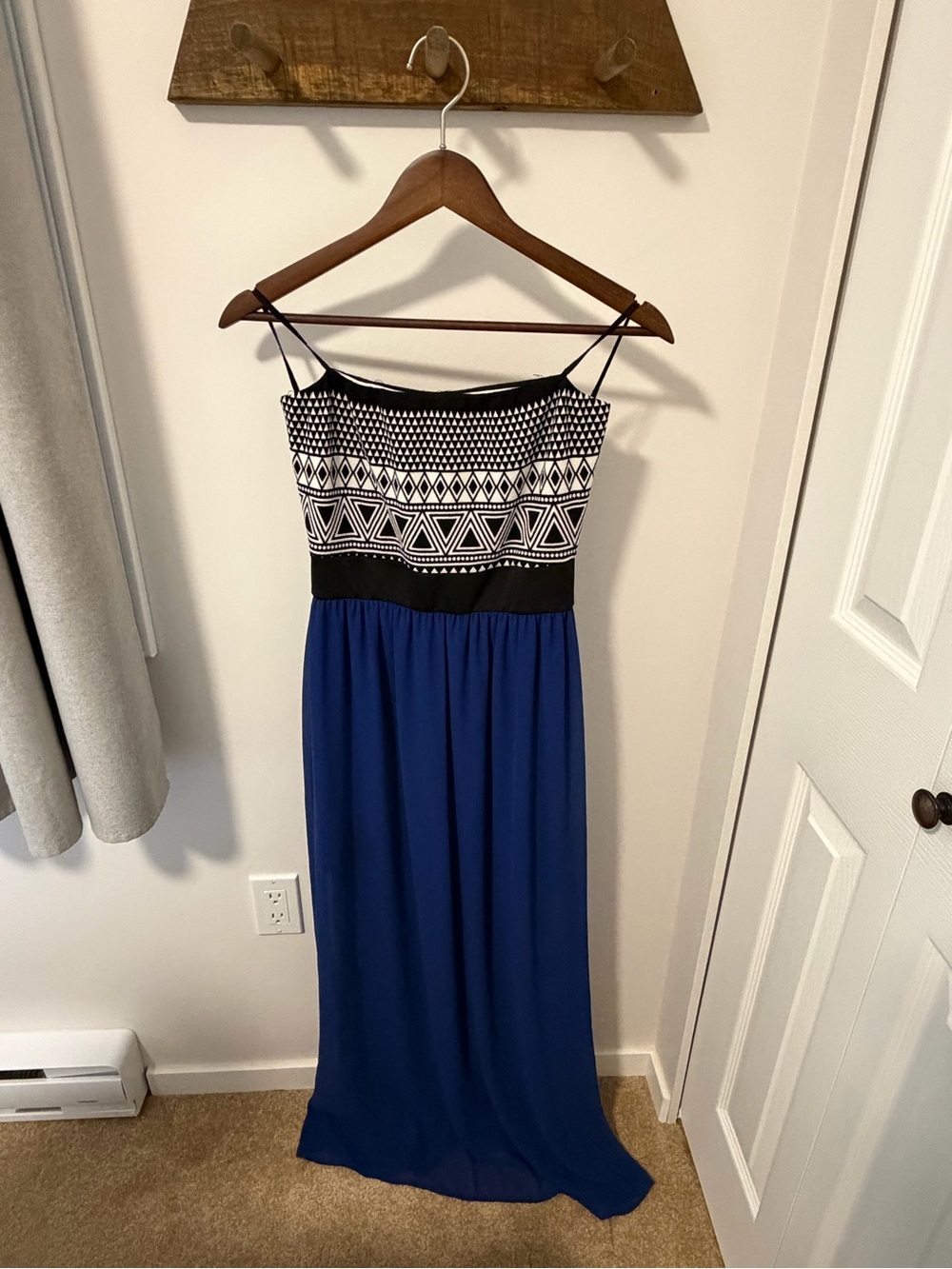 Strapless Blue Maxi Dress with Black & White Geo Bodice